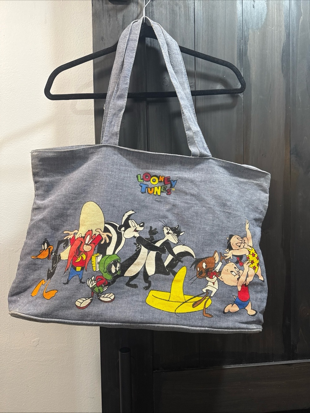 Looney Tunes Denim Blur Canvas Tote Bag with Character Print